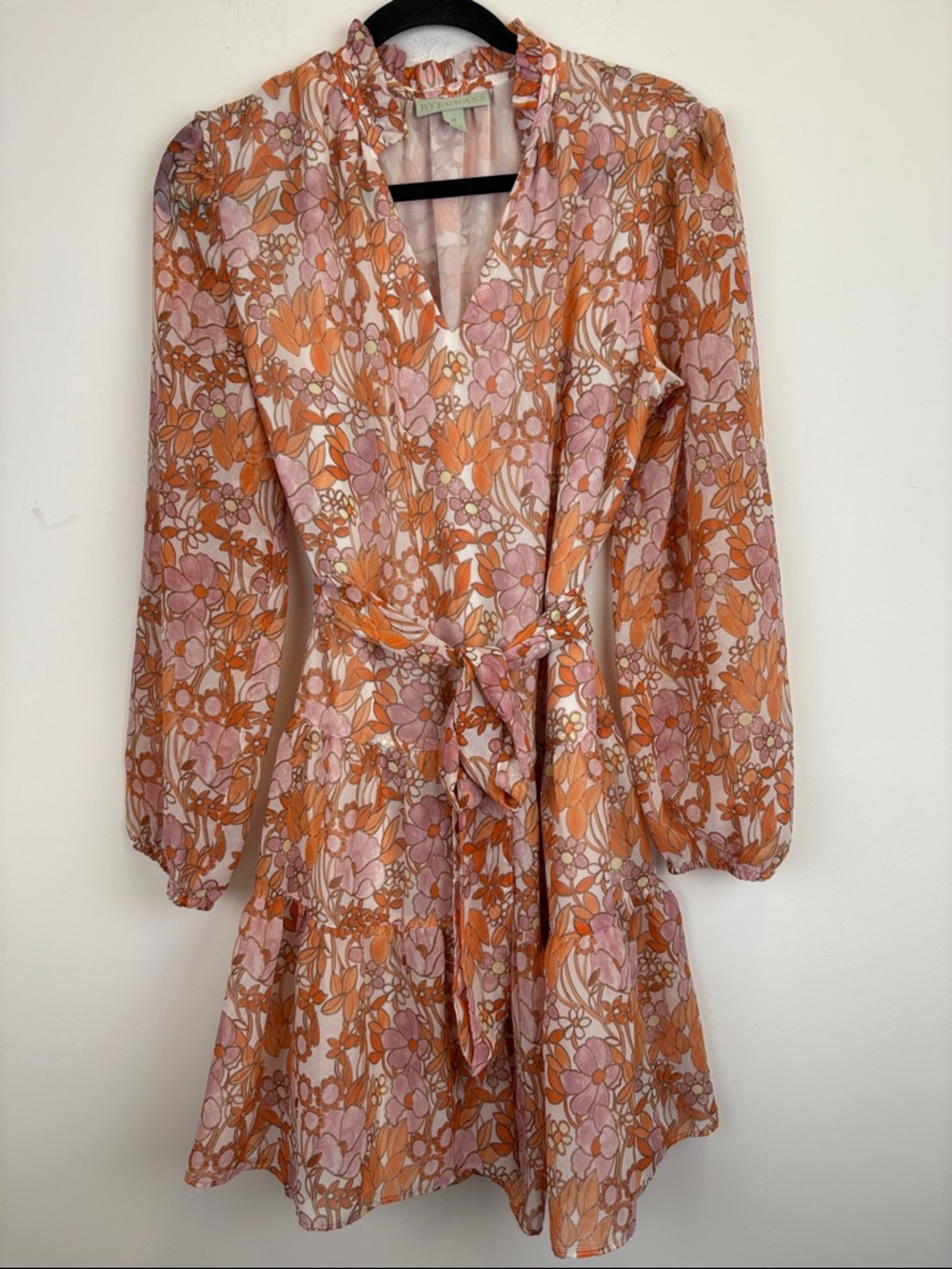 Ryegrass Floral Boho Mini Dress Tie Waist Long Sleeve Cottagecore Size Medium